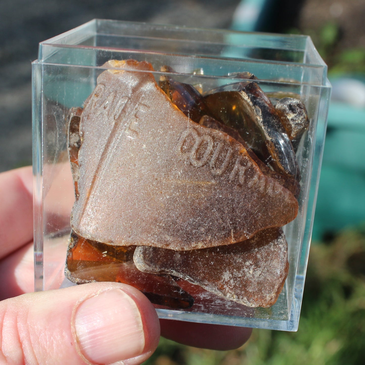 Beer bottle river glass finds from Reedy Creek, Eldorado, Victoria, 11 pieces