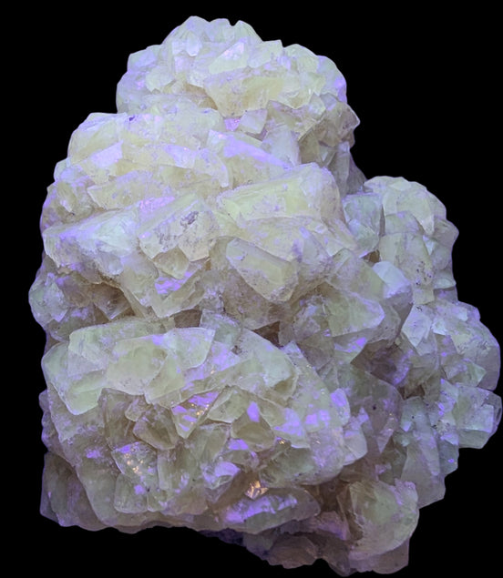 Golden Yellow cubic Calcite cluster UV reactive 312g in LED & UV light - Rocks and Things Store
