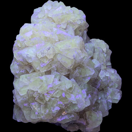 Golden Yellow cubic Calcite cluster UV reactive 312g in LED & UV light - Rocks and Things Store