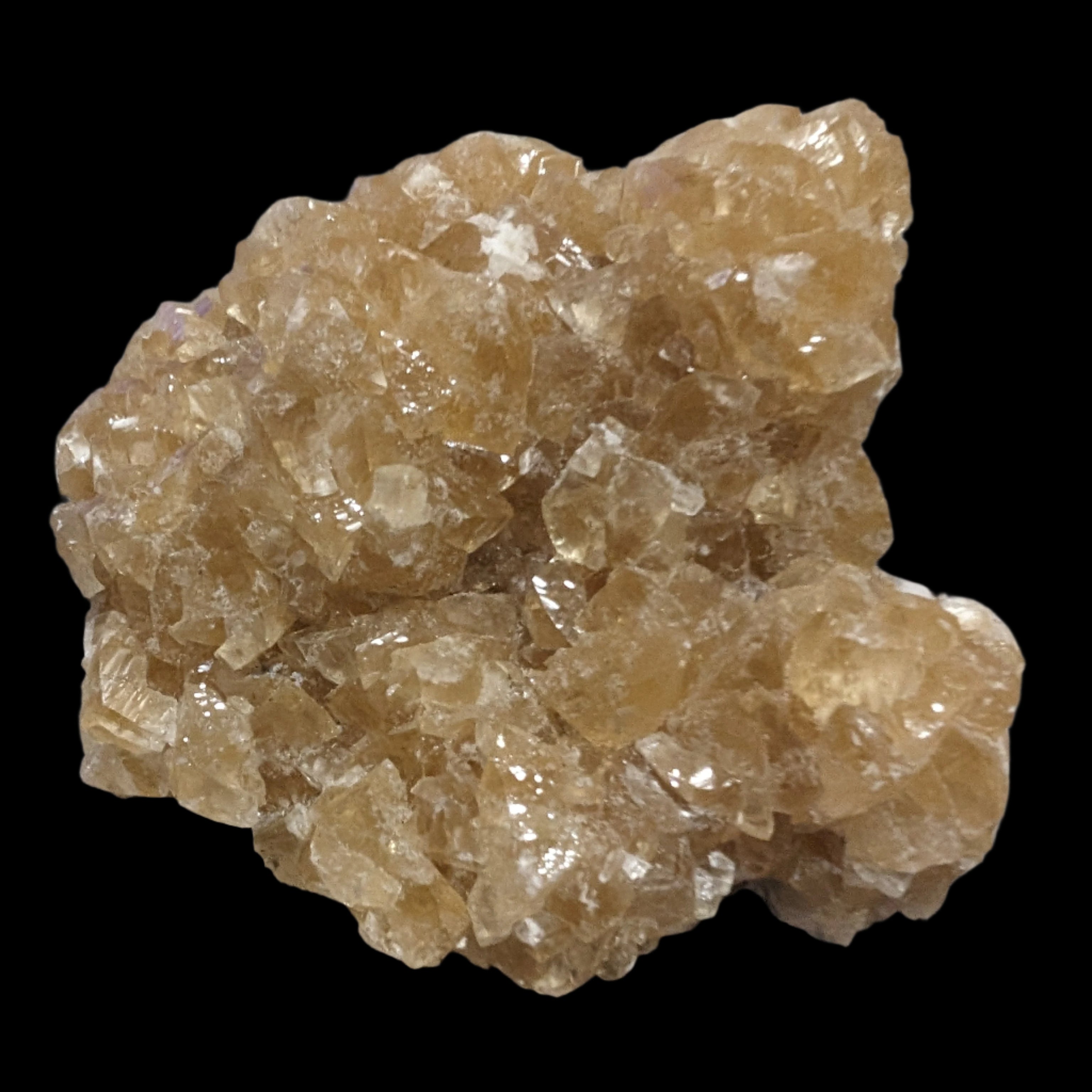 Golden Yellow cubic Calcite cluster UV reactive 312g in LED light - Rocks and Things Store