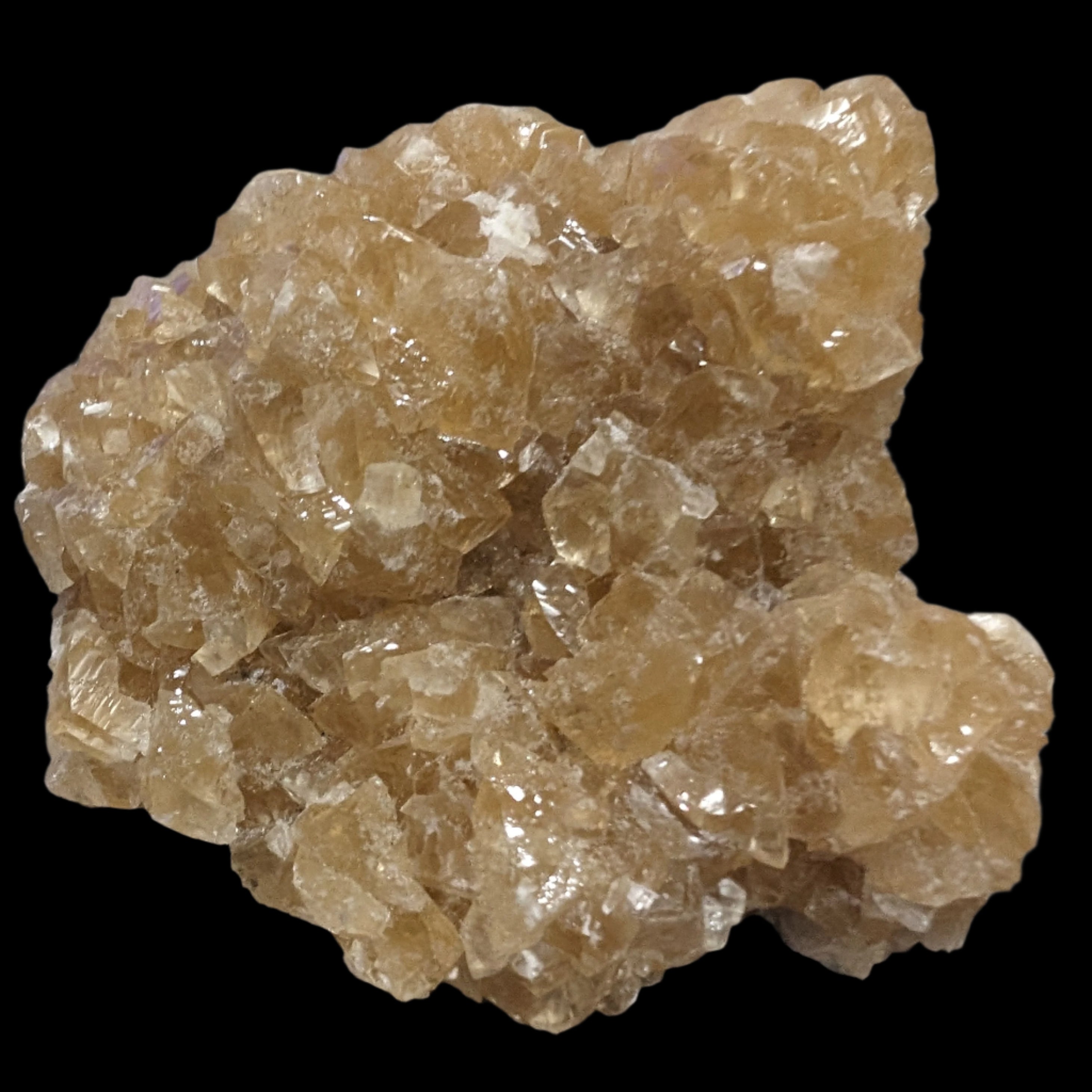 Golden Yellow cubic Calcite cluster UV reactive 312g in LED light - Rocks and Things Store