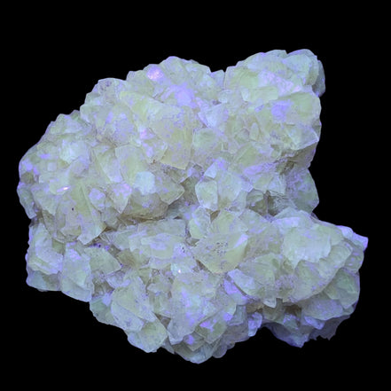 Golden Yellow cubic Calcite cluster UV reactive 312g in UV light - Rocks and Things Store