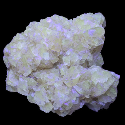 Golden Yellow cubic Calcite cluster UV reactive 312g in UV light - Rocks and Things Store