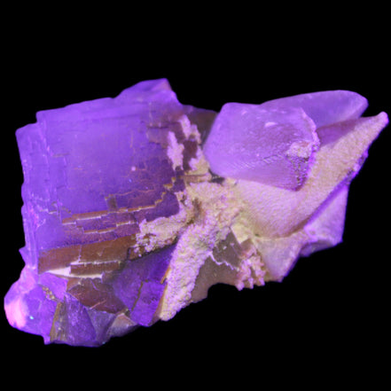 Clear Yellow Fluorite with 45mm dog-tooth Calcite 98*76*55mm 286g in UV light - Rocks and Things Store