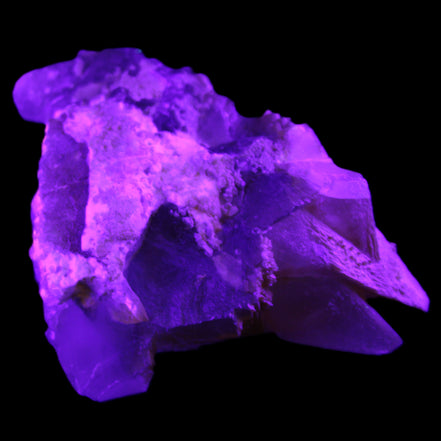 Clear Yellow Fluorite with 45mm dog-tooth Calcite 98*76*55mm 286g in UV light - Rocks and Things Store