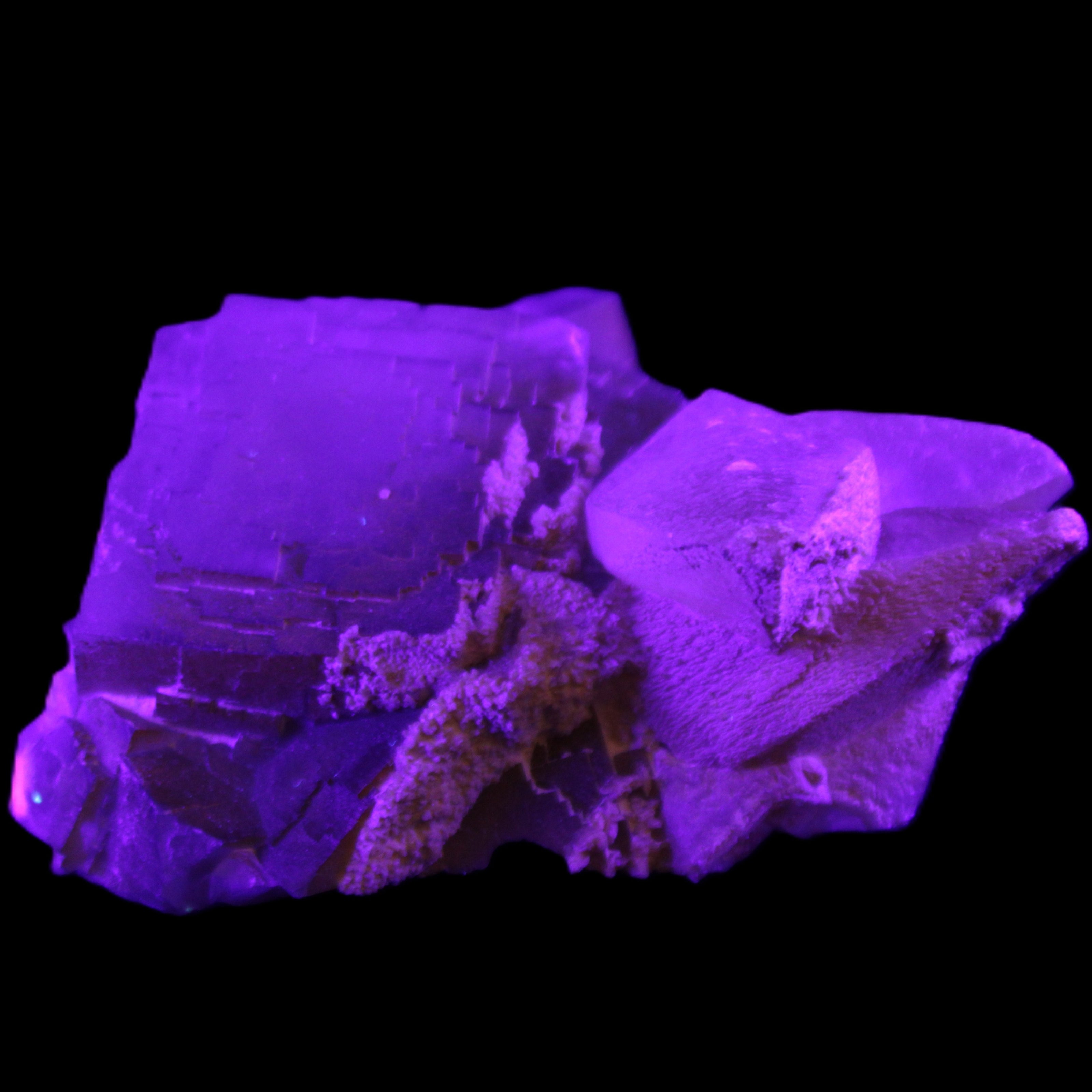 Clear Yellow Fluorite with 45mm dog-tooth Calcite 98*76*55mm 286g in UV light - Rocks and Things Store