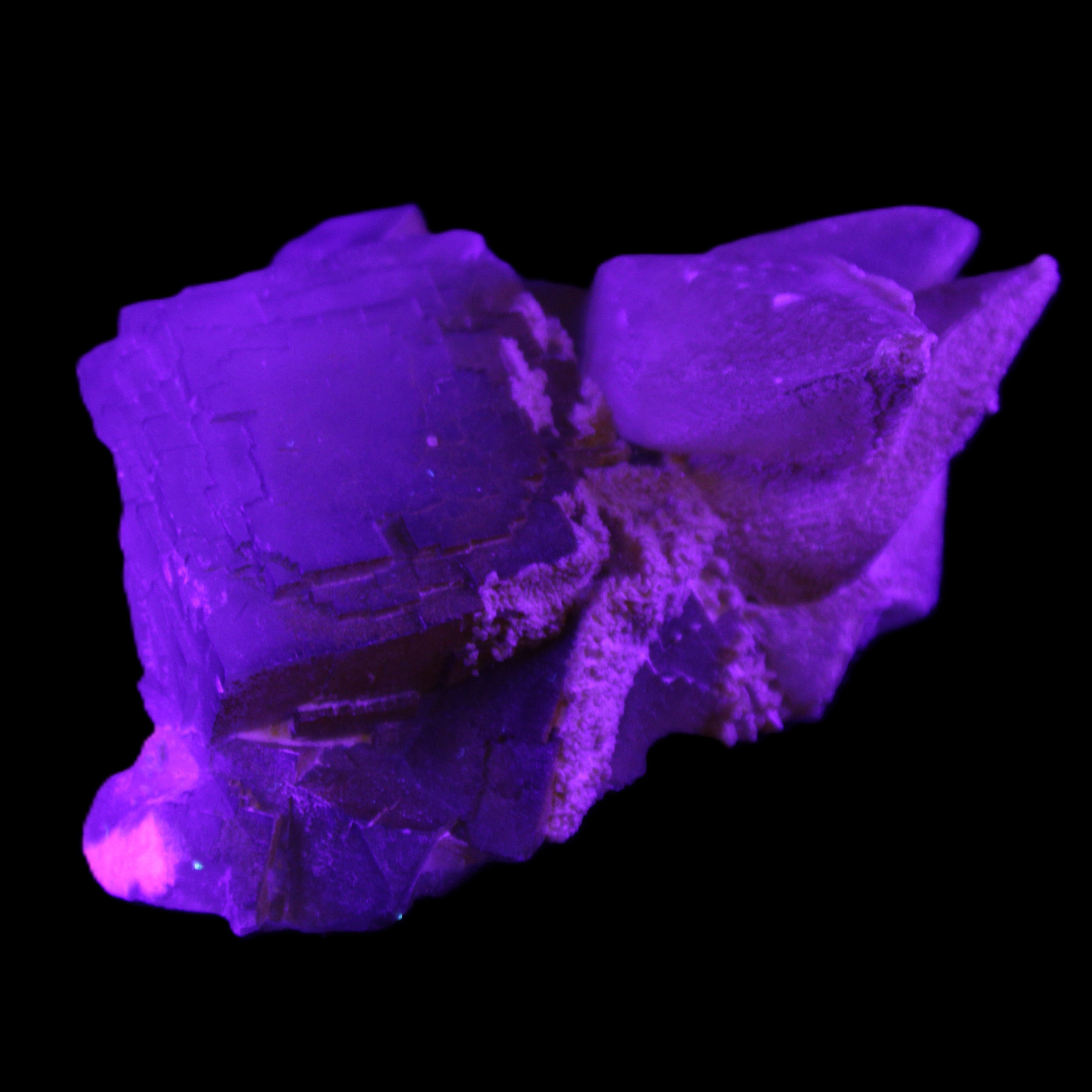 Clear Yellow Fluorite with 45mm dog-tooth Calcite 98*76*55mm 286g in UV light - Rocks and Things Store