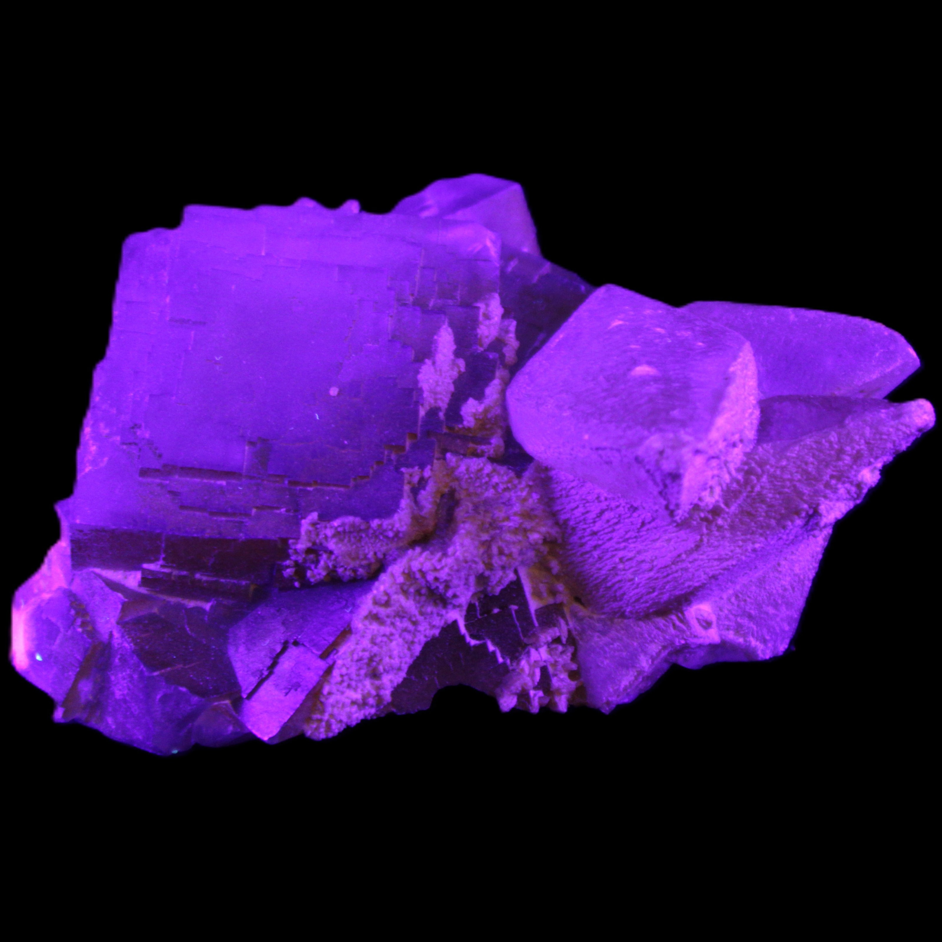 Clear Yellow Fluorite with 45mm dog-tooth Calcite 98*76*55mm 286g in UV light - Rocks and Things Store