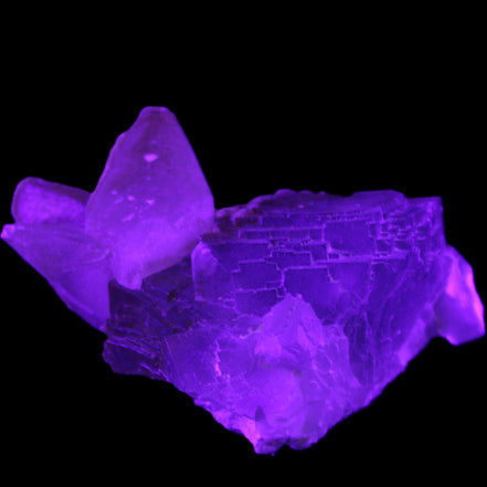 Clear Yellow Fluorite with 45mm dog-tooth Calcite 98*76*55mm 286g in UV light - Rocks and Things Store