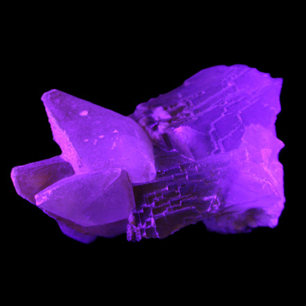 Clear Yellow Fluorite with 45mm dog-tooth Calcite 98*76*55mm 286g in UV light - Rocks and Things Store