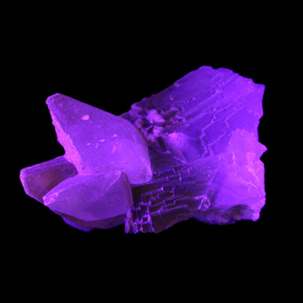 Clear Yellow Fluorite with 45mm dog-tooth Calcite 98*76*55mm 286g in UV light - Rocks and Things Store