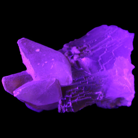 Clear Yellow Fluorite with 45mm dog-tooth Calcite 98*76*55mm 286g in UV light - Rocks and Things Store