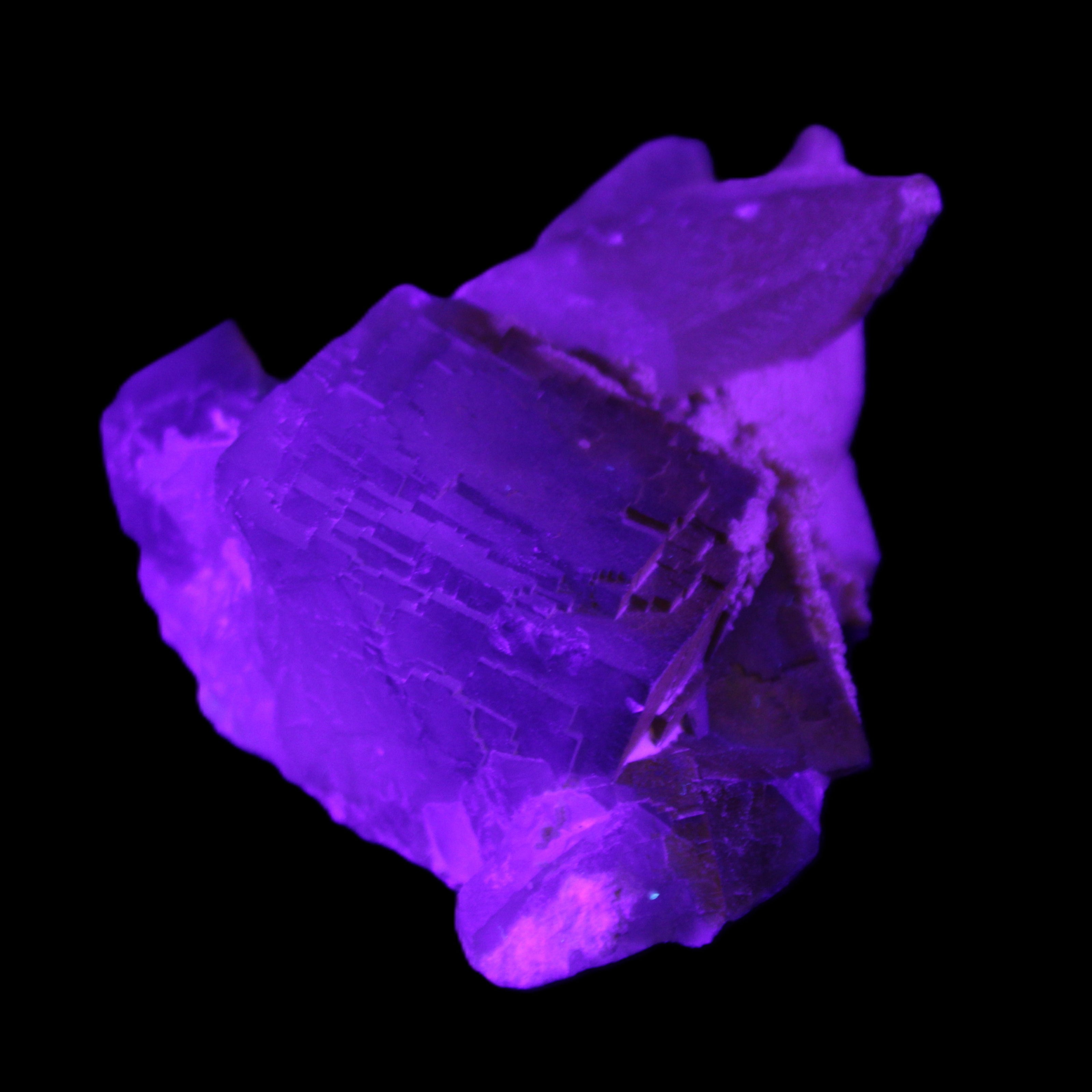 Clear Yellow Fluorite with 45mm dog-tooth Calcite 98*76*55mm 286g in UV light - Rocks and Things Store