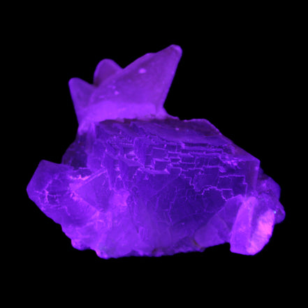 Clear Yellow Fluorite with 45mm dog-tooth Calcite 98*76*55mm 286g in UV light - Rocks and Things Store
