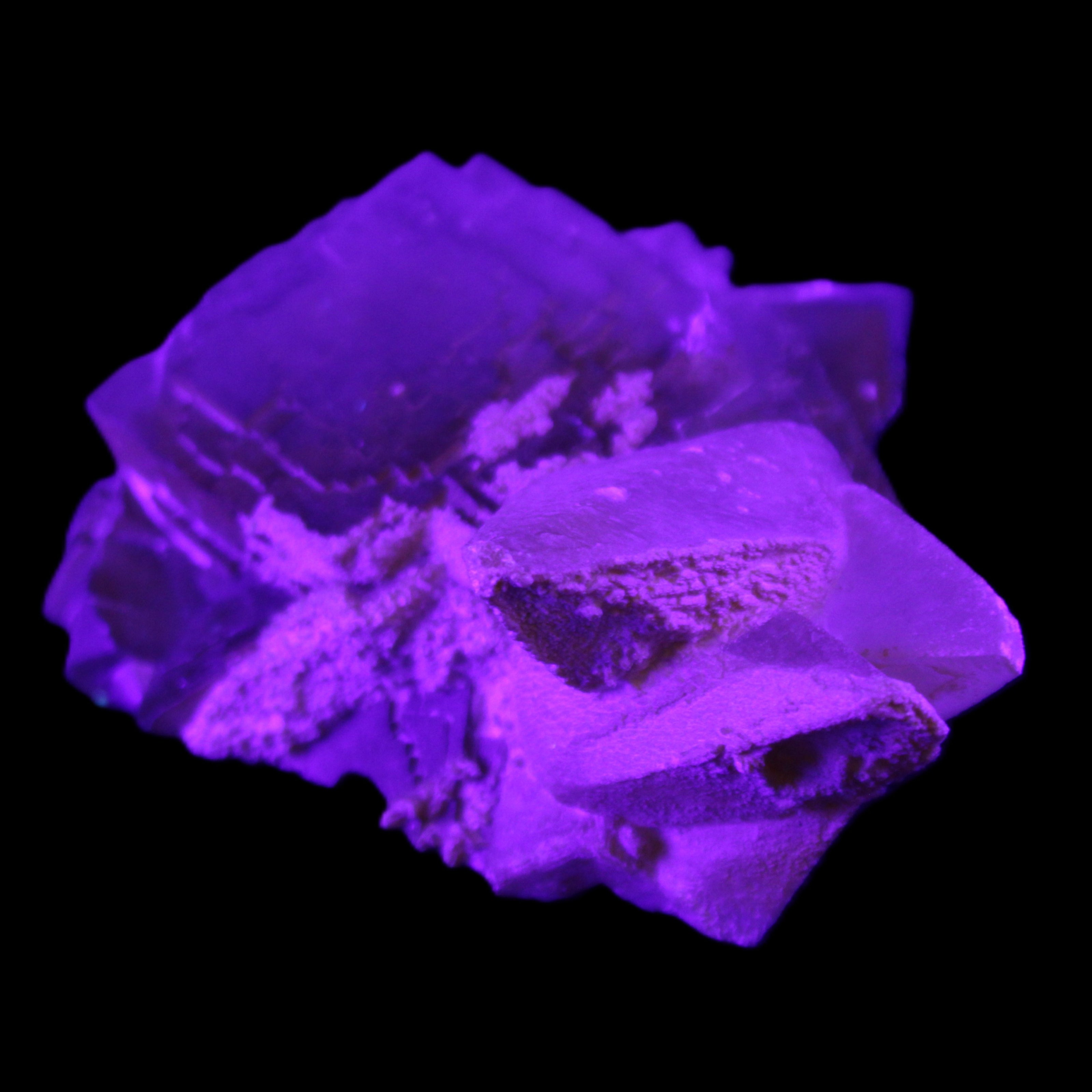 Clear Yellow Fluorite with 45mm dog-tooth Calcite 98*76*55mm 286g in UV light - Rocks and Things Store