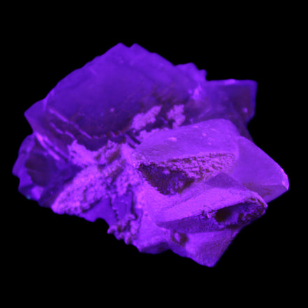 Clear Yellow Fluorite with 45mm dog-tooth Calcite 98*76*55mm 286g in UV light - Rocks and Things Store
