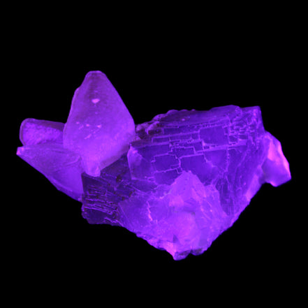 Clear Yellow Fluorite with 45mm dog-tooth Calcite 98*76*55mm 286g in UV light - Rocks and Things Store