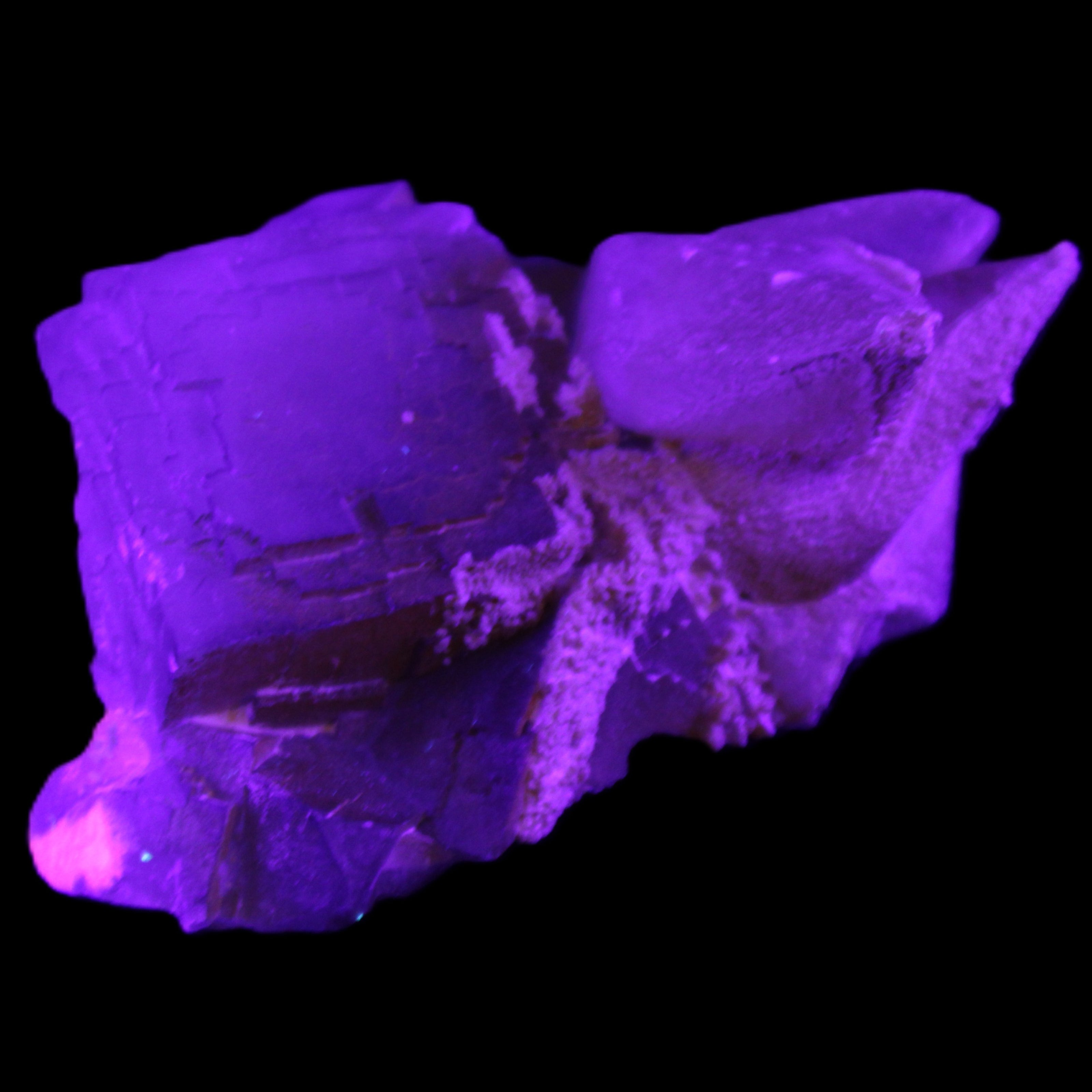 Clear Yellow Fluorite with 45mm dog-tooth Calcite 98*76*55mm 286g in UV light - Rocks and Things Store