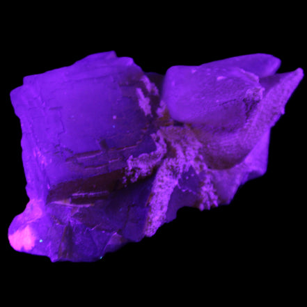 Clear Yellow Fluorite with 45mm dog-tooth Calcite 98*76*55mm 286g in UV light - Rocks and Things Store