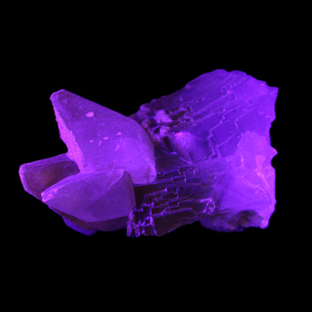 Clear Yellow Fluorite with 45mm dog-tooth Calcite 98*76*55mm 286g in UV light - Rocks and Things Store