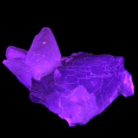 Clear Yellow Fluorite with 45mm dog-tooth Calcite 98*76*55mm 286g in UV light - Rocks and Things Store