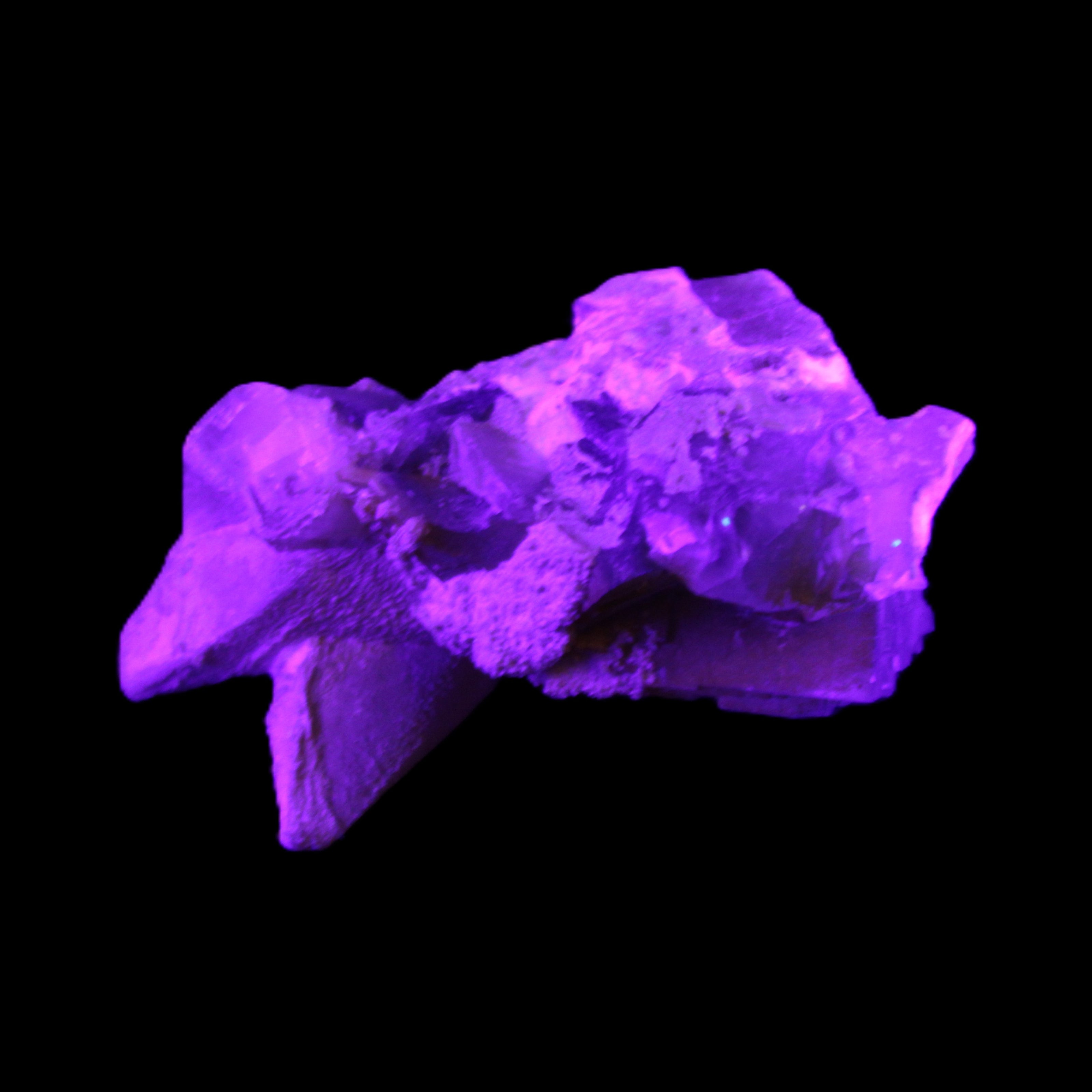 Clear Yellow Fluorite with 45mm dog-tooth Calcite 98*76*55mm 286g in UV light - Rocks and Things Store