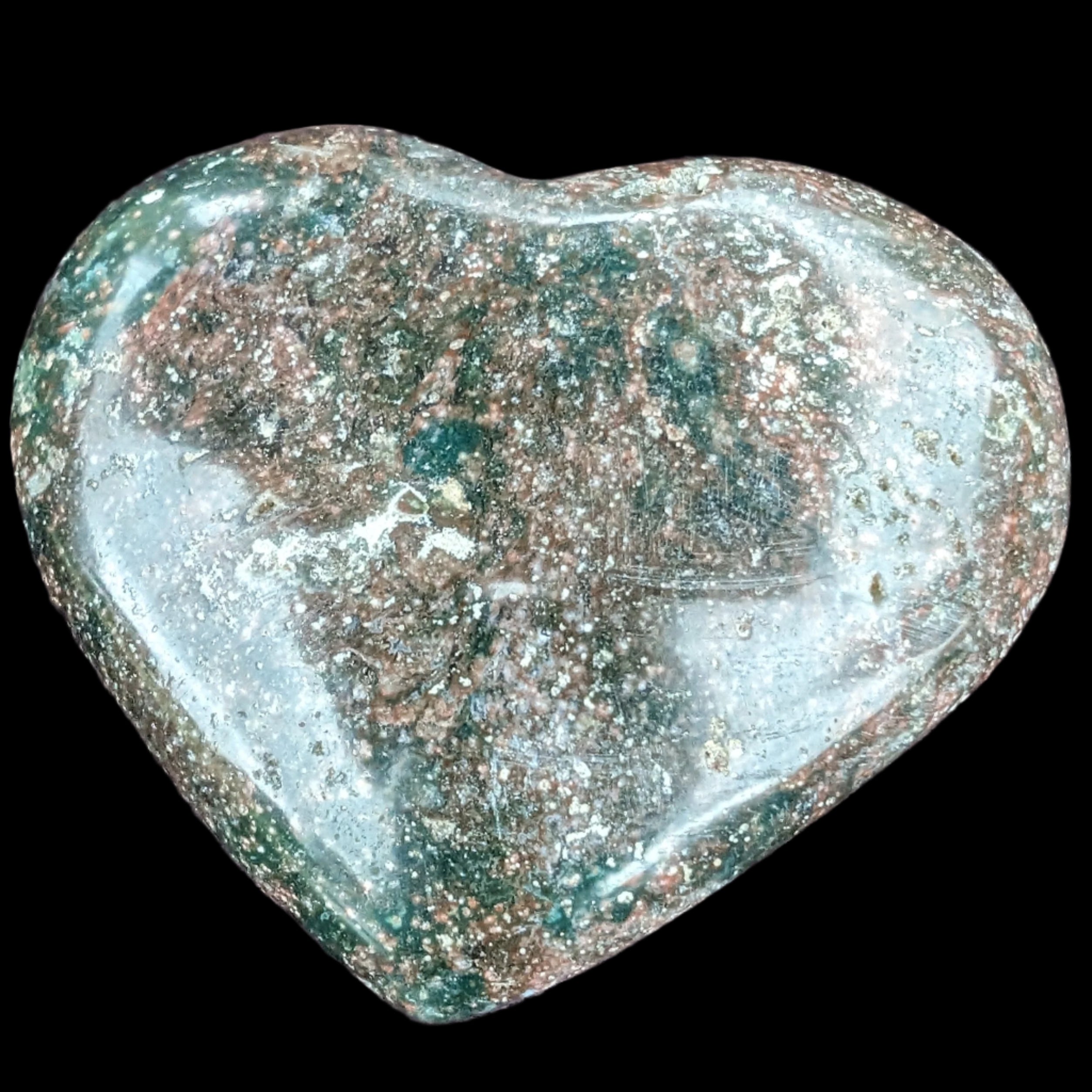Ocean Jasper heart 176g in sunlight - Rocks and Things Store