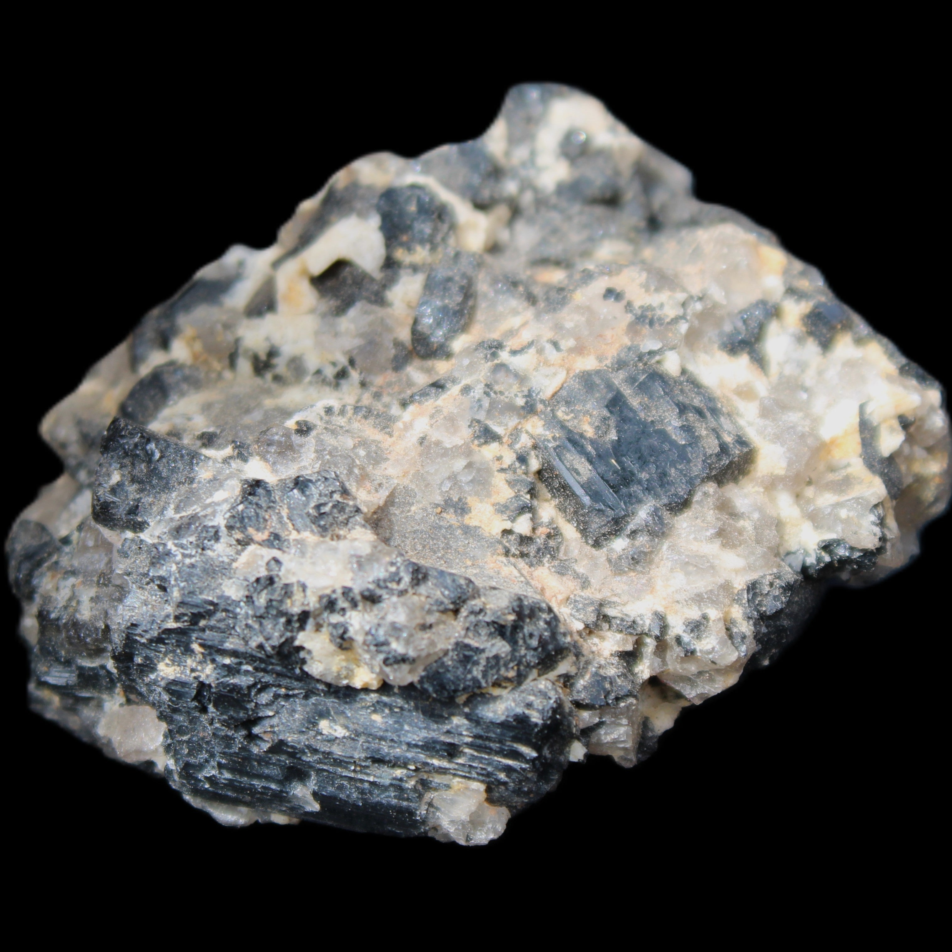 Black Tourmaline cluster in matrix with Quartz 62g in sunlight - Rocks and Things Store