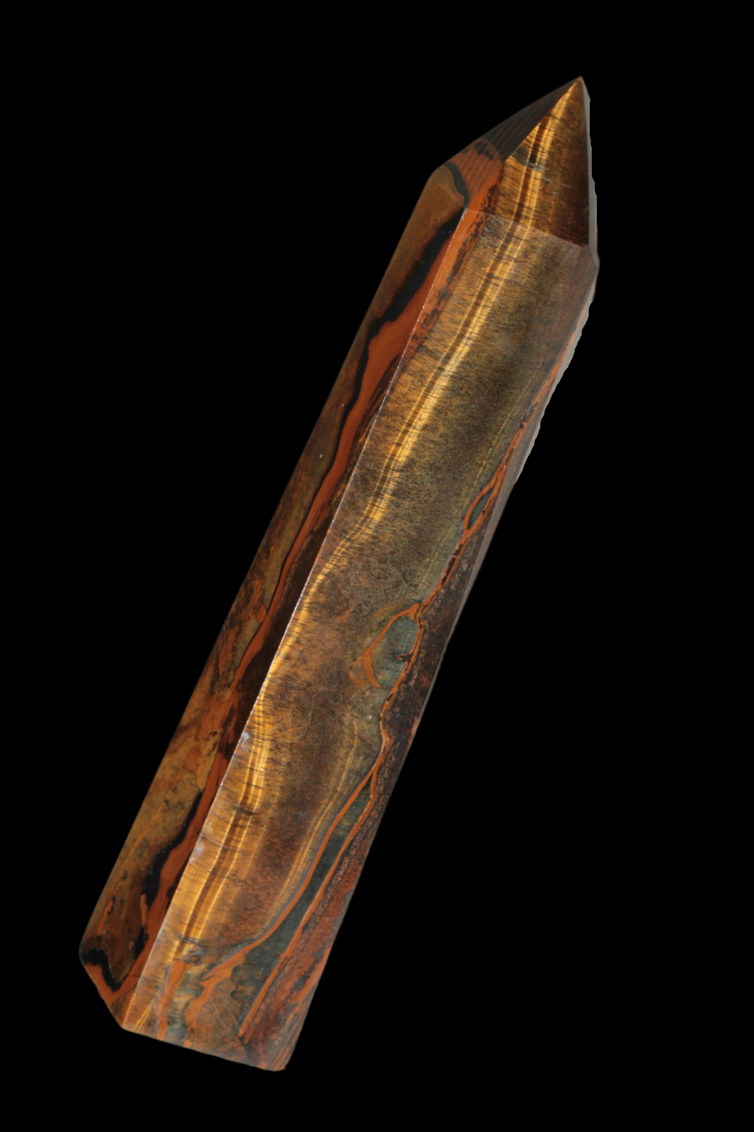 Tigers Eye Obelisk 1150g in sunlight, Rocks and Things Store