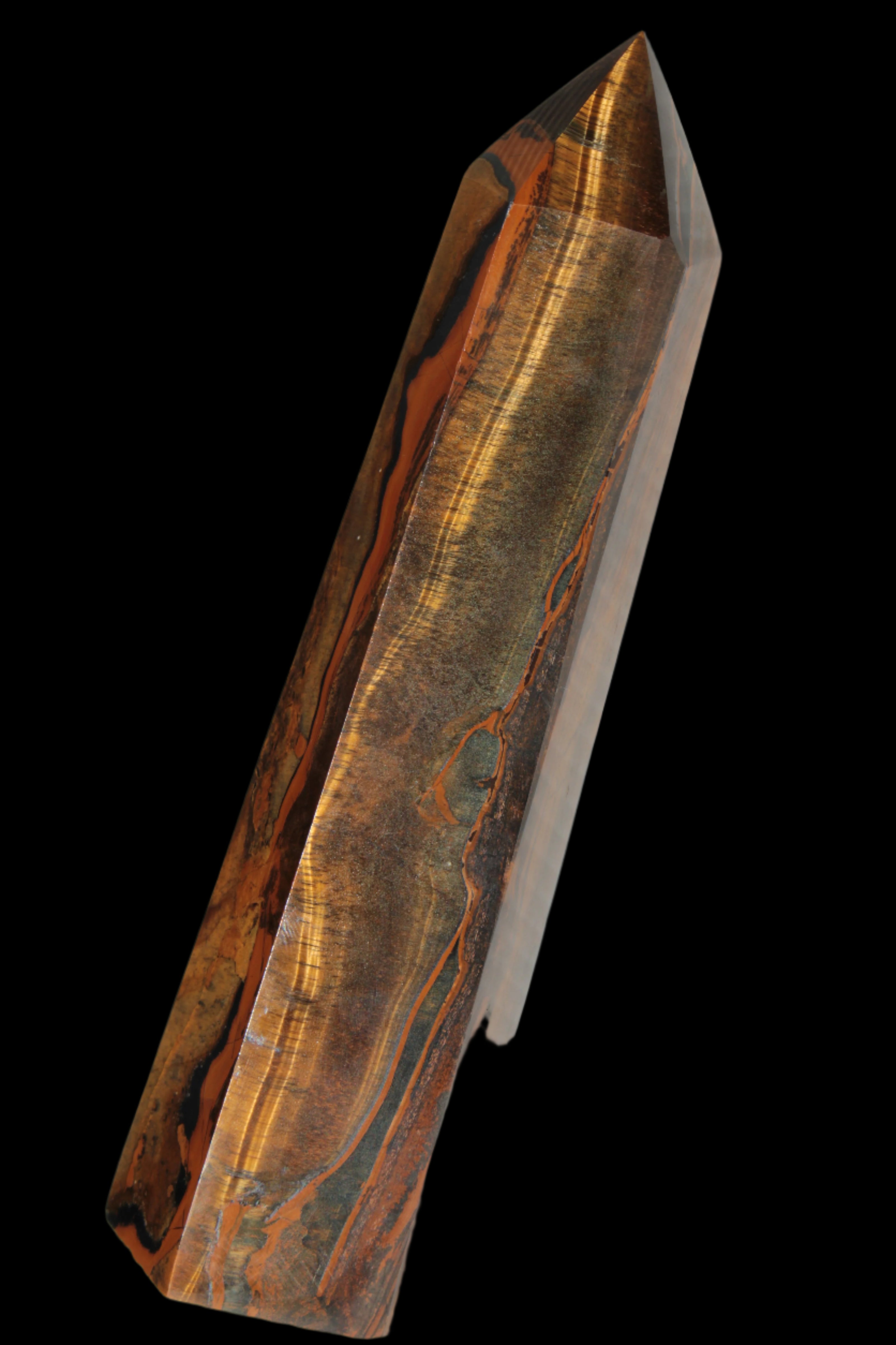 Tigers Eye Obelisk 1150g in sunlight, Rocks and Things Store