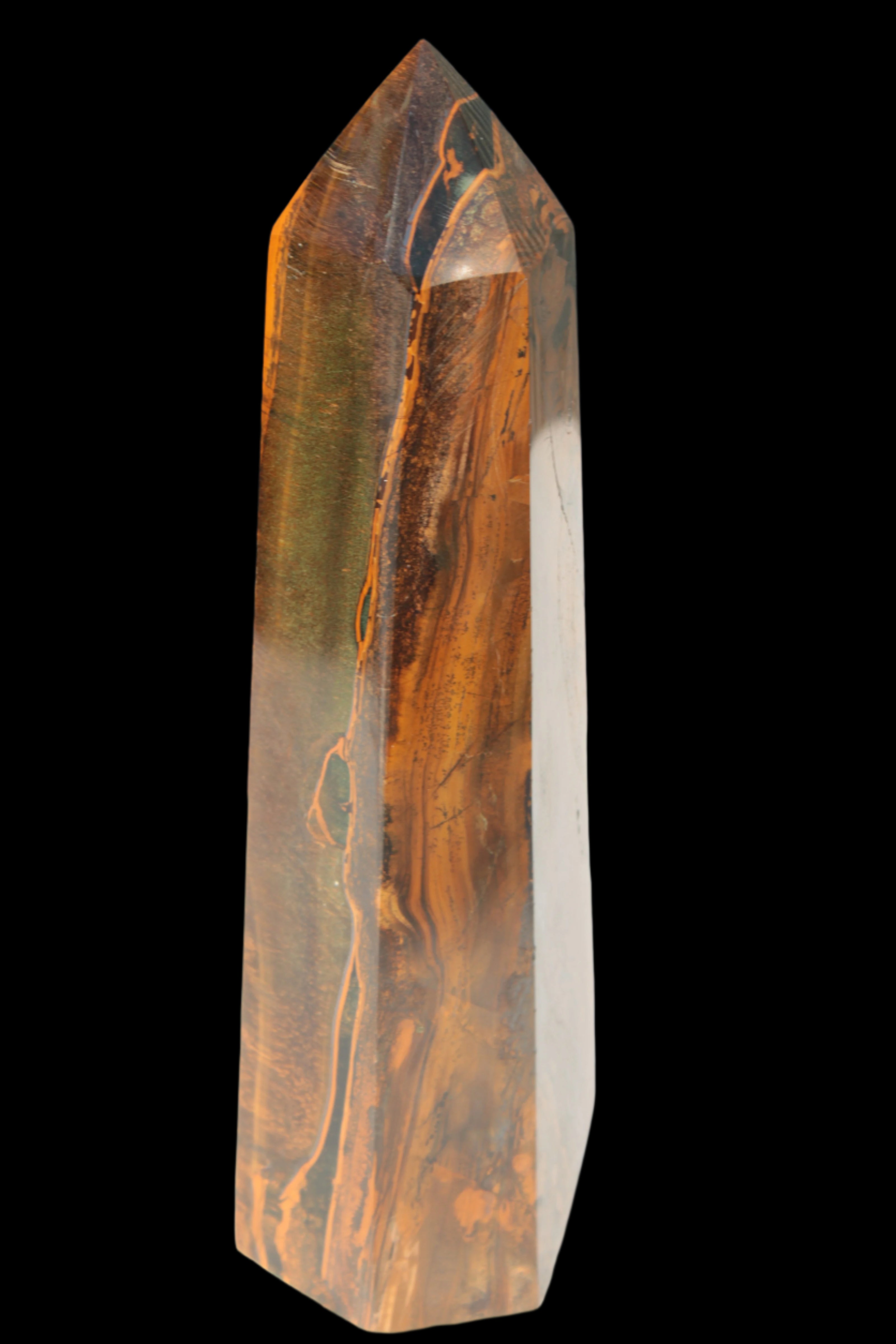 Tigers Eye Obelisk 1150g in sunlight, Rocks and Things Store