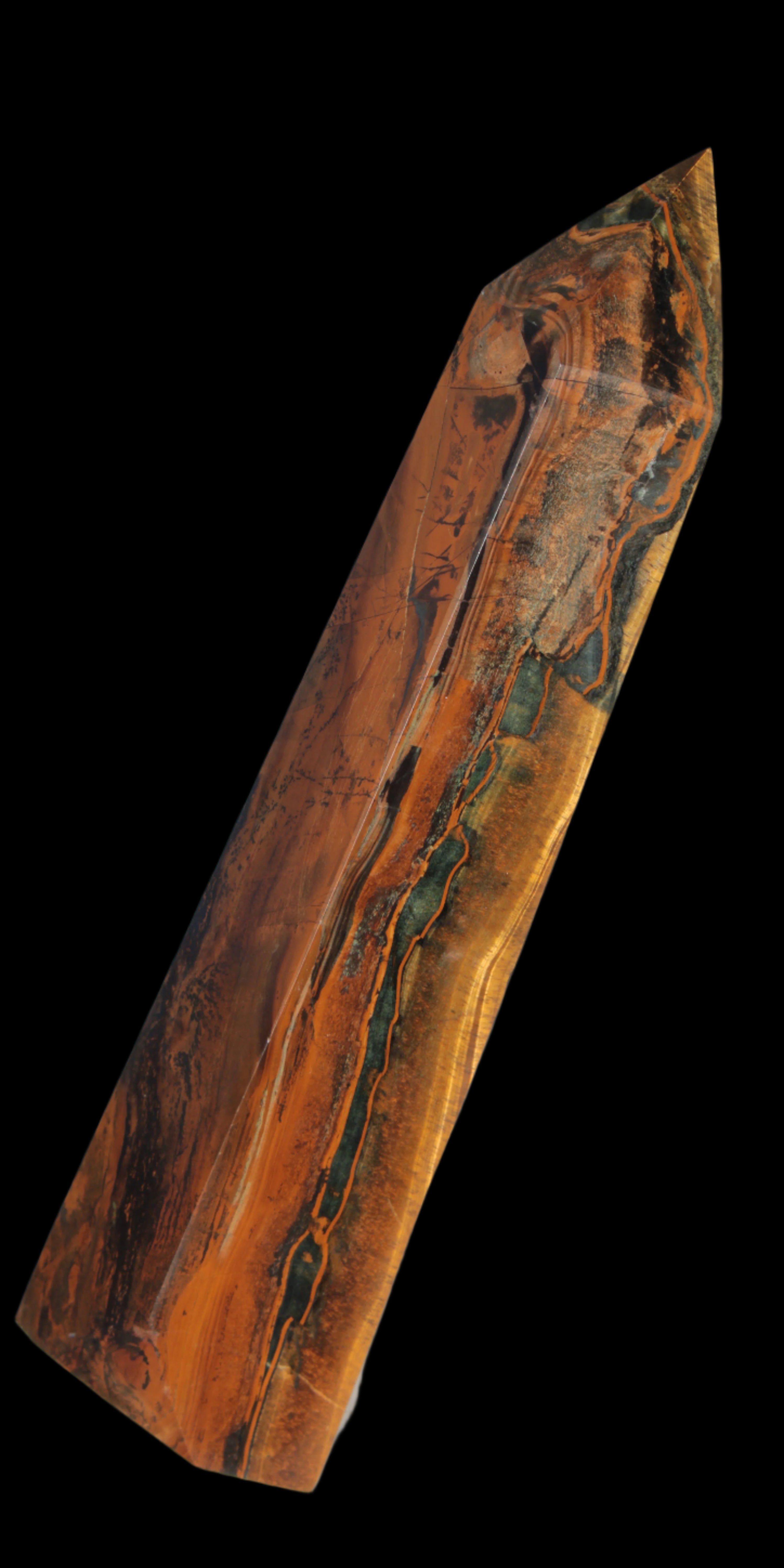 Tigers Eye Obelisk 1150g in sunlight, Rocks and Things Store