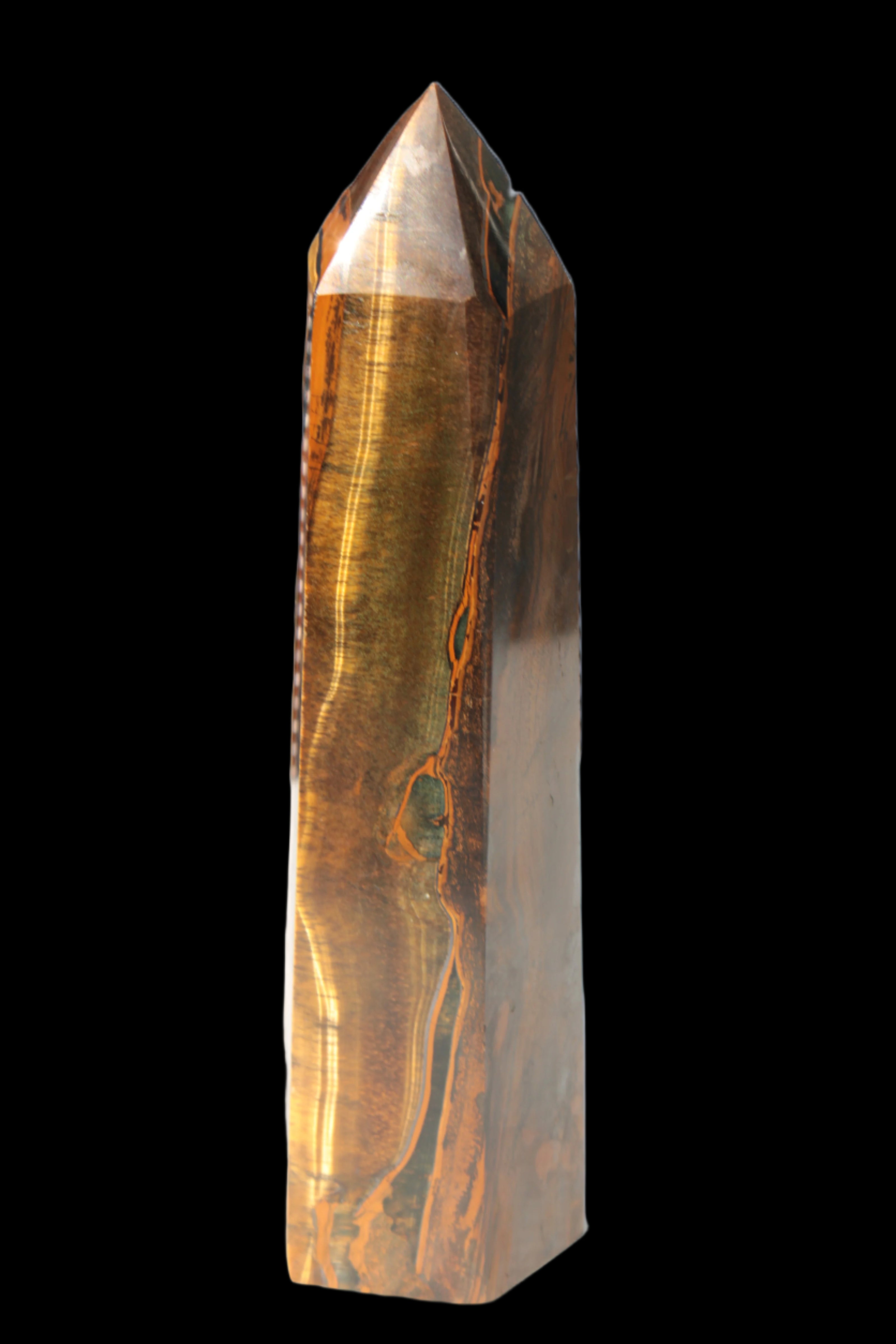 Tigers Eye Obelisk 1150g in sunlight, Rocks and Things Store