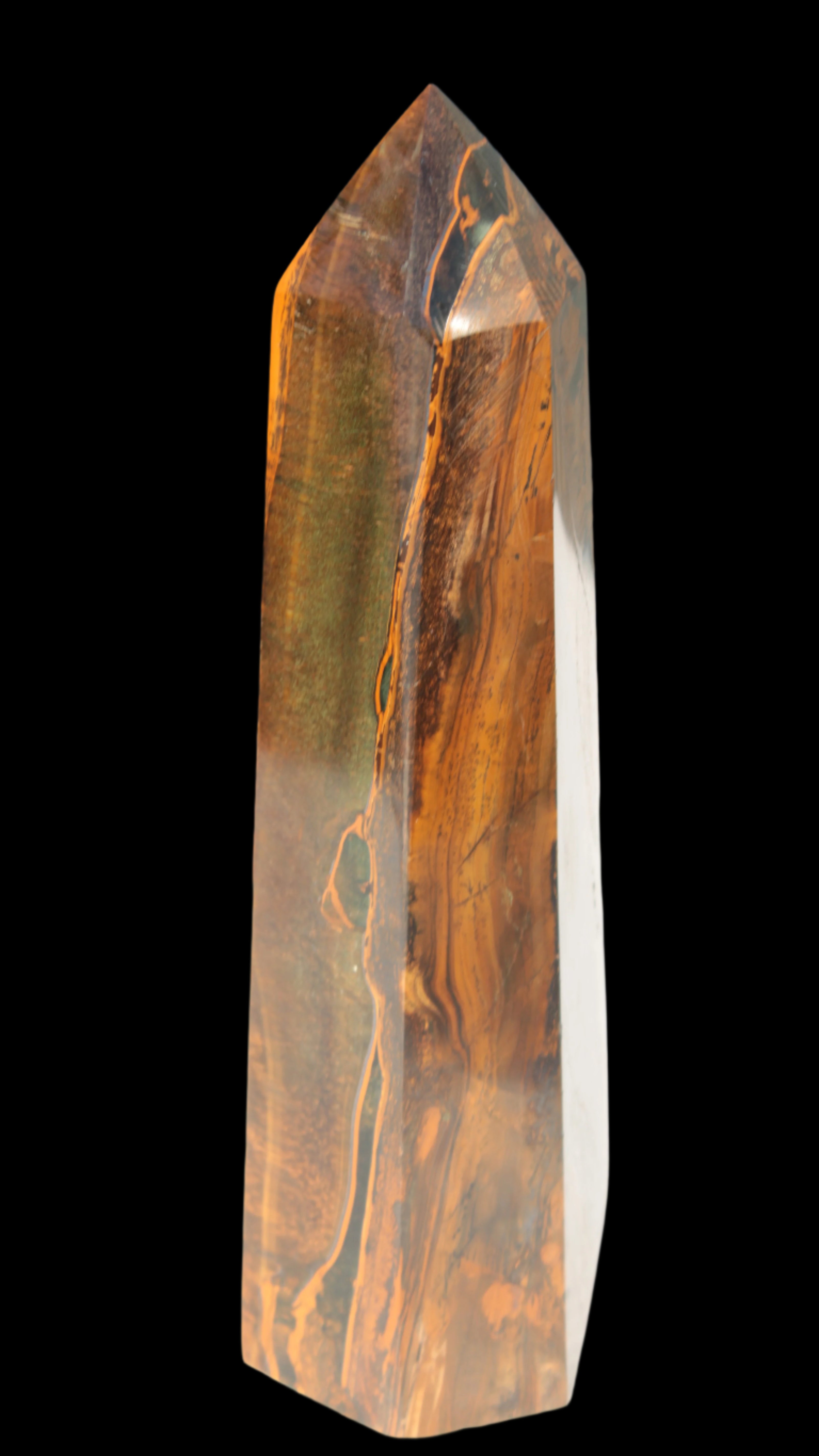 Tigers Eye Obelisk 1150g in sunlight, Rocks and Things Store