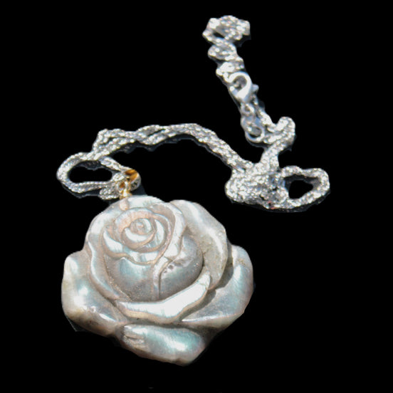 Labradorite rose carved pendant necklace 22g in sunlight - Rocks and Things Store