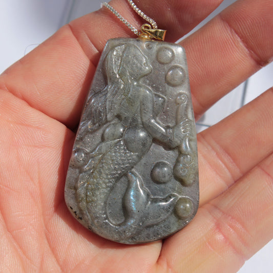 Labradorite mermaid carved pendant with necklace Rocks and Things