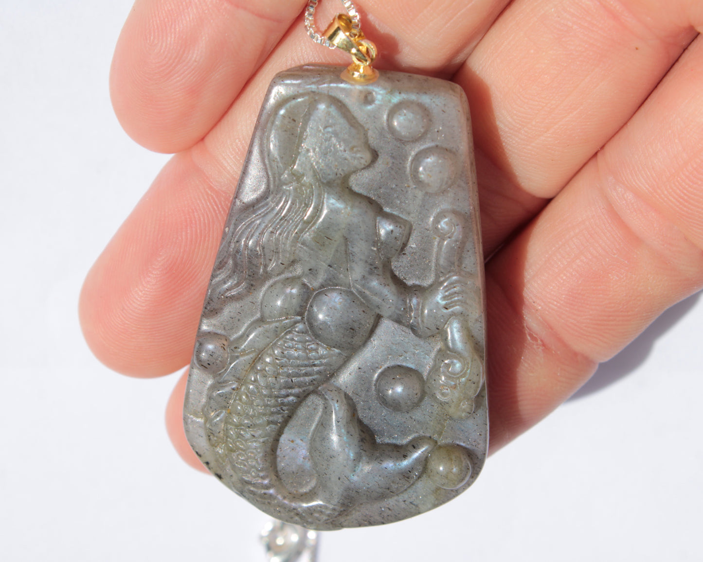 Labradorite mermaid carved pendant with necklace