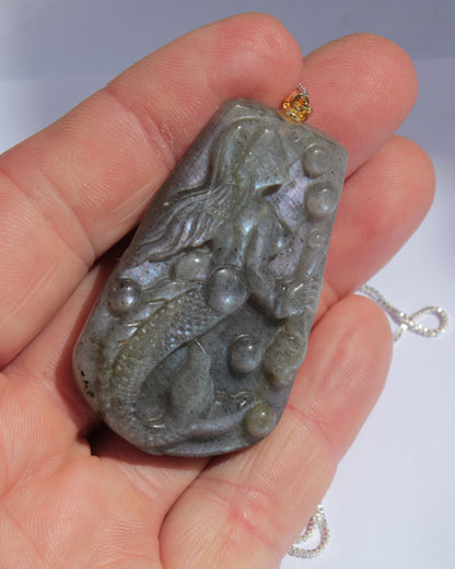 Labradorite mermaid carved pendant with necklace