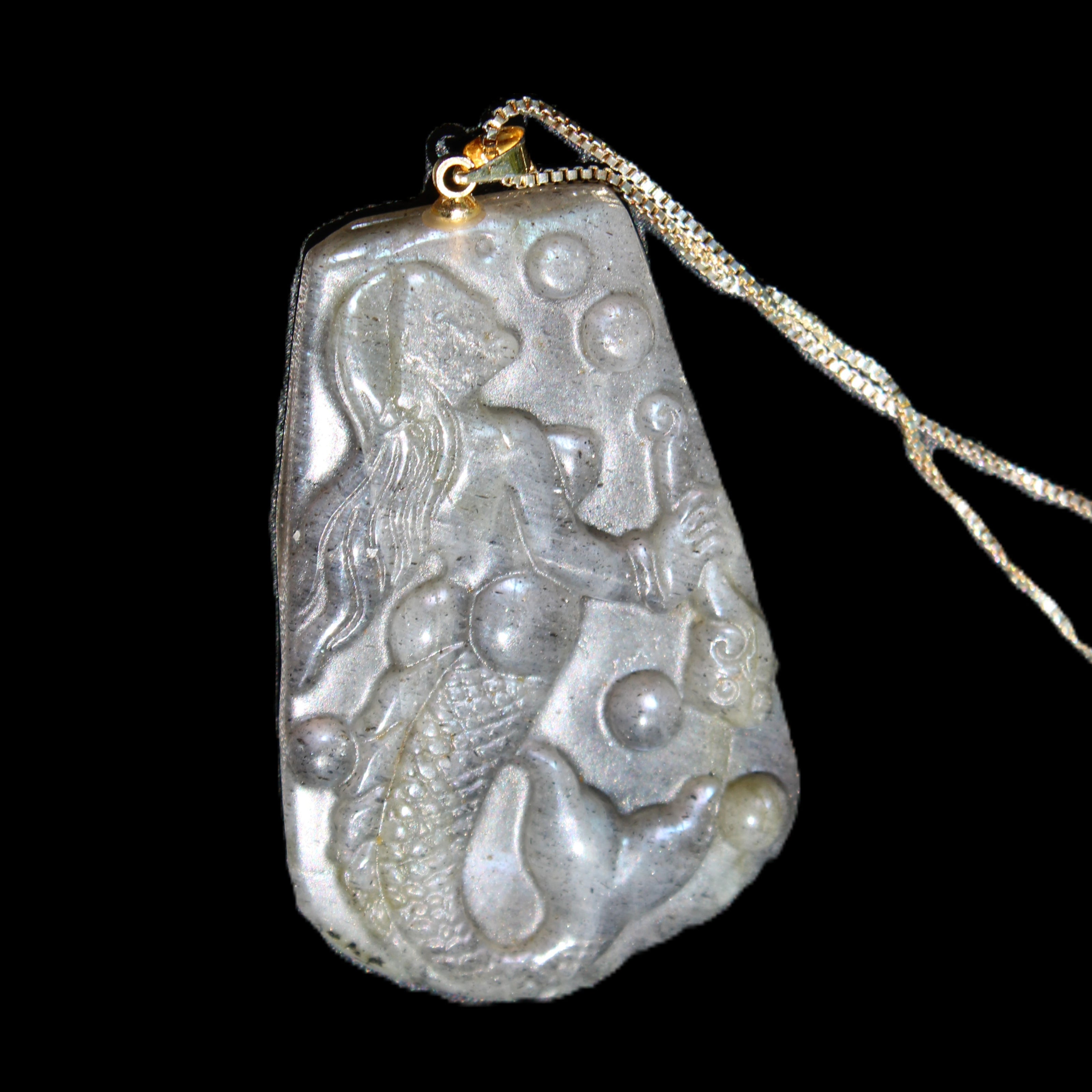 Flashing Labradorite mermaid carved pendant with chain necklace in sunlight - Rocks and Things Store