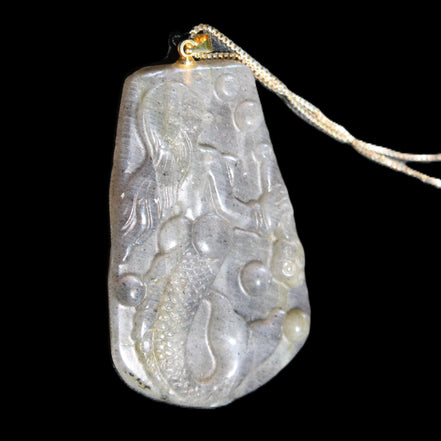 Flashing Labradorite mermaid carved pendant with chain necklace in sunlight - Rocks and Things Store