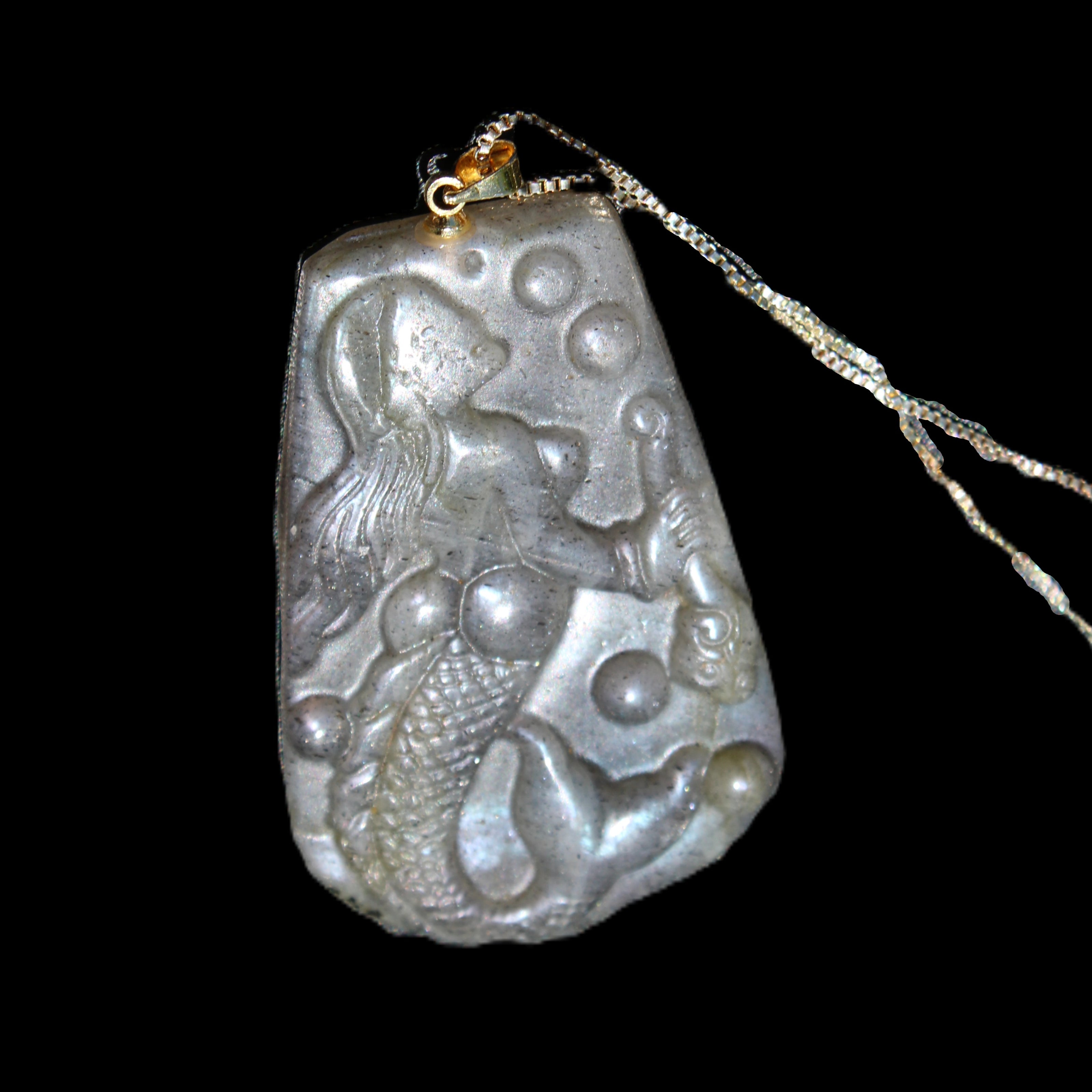 Flashing Labradorite mermaid carved pendant with chain necklace in sunlight - Rocks and Things Store