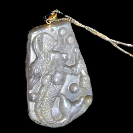 Flashing Labradorite mermaid carved pendant with chain necklace in sunlight - Rocks and Things Store