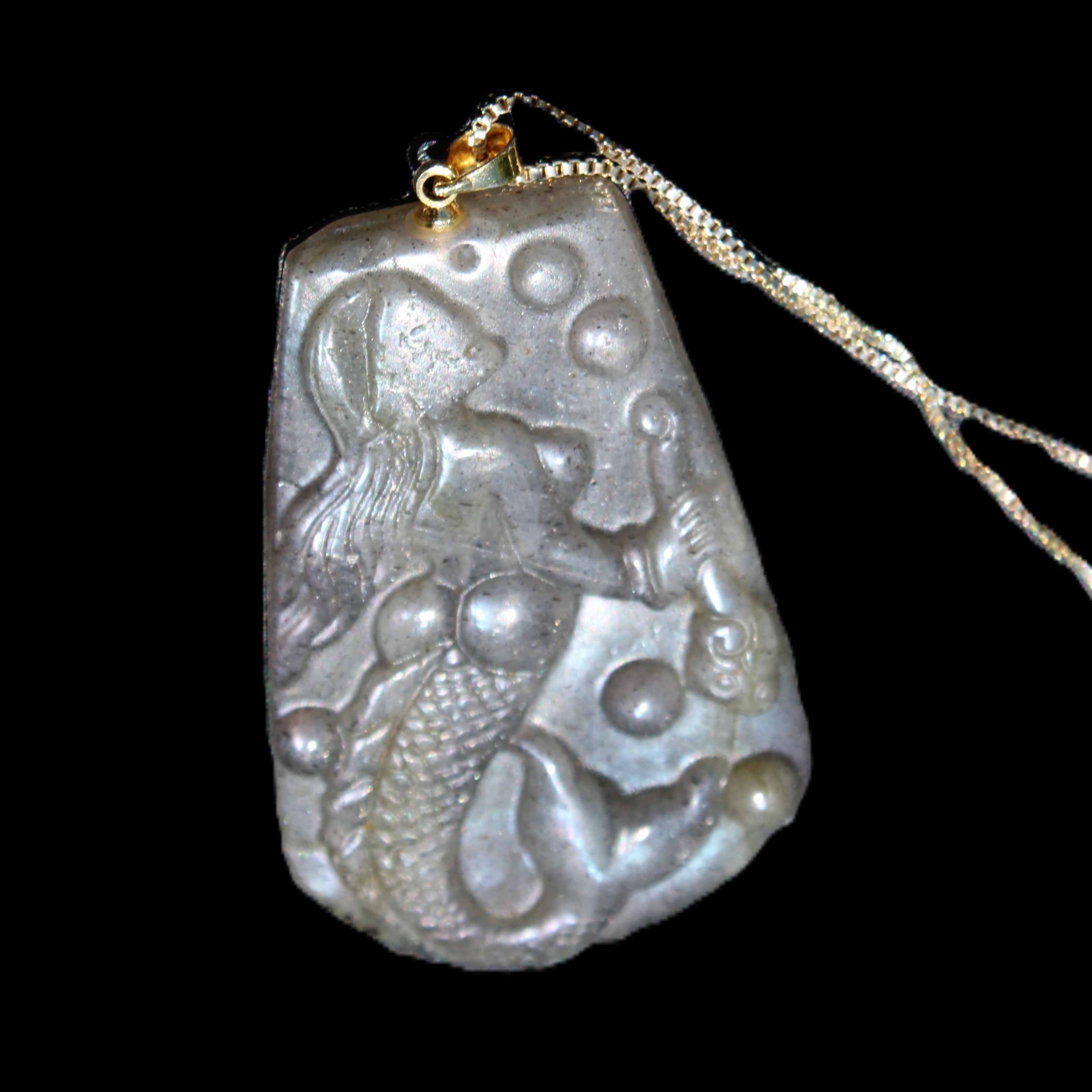Flashing Labradorite mermaid carved pendant with chain necklace in sunlight - Rocks and Things Store