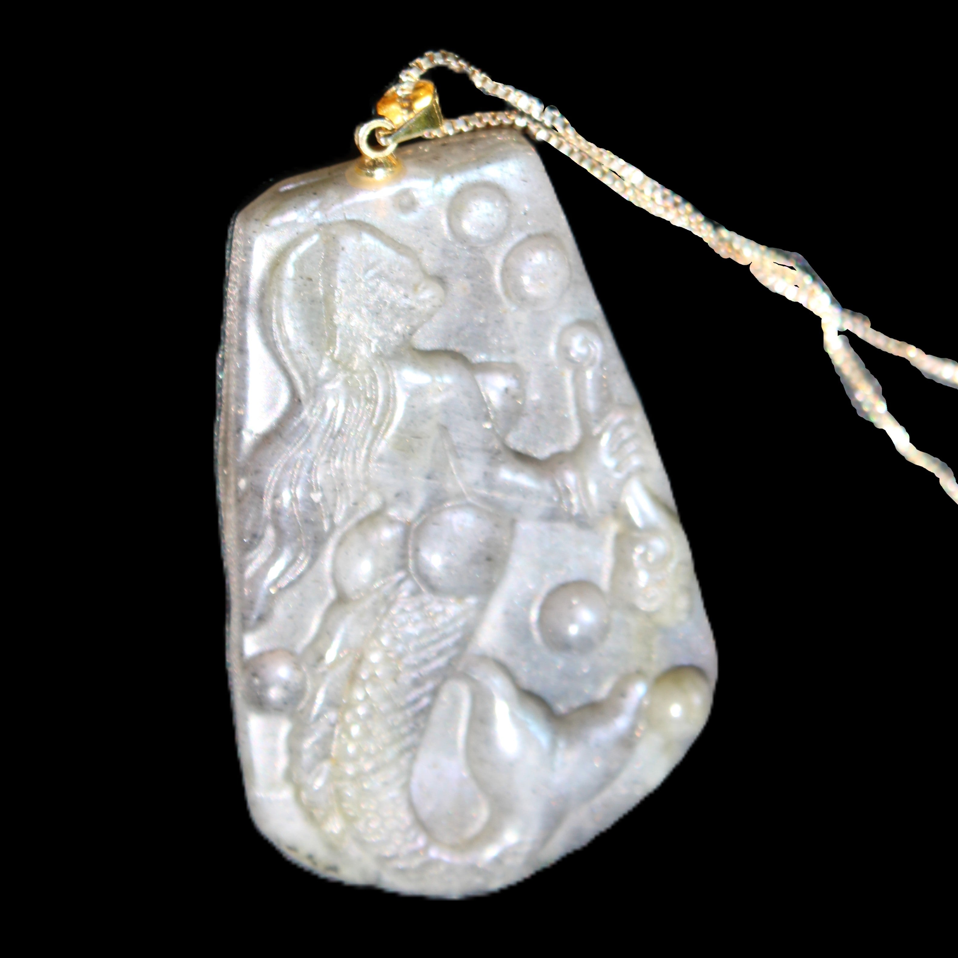 Flashing Labradorite mermaid carved pendant with chain necklace in sunlight - Rocks and Things Store