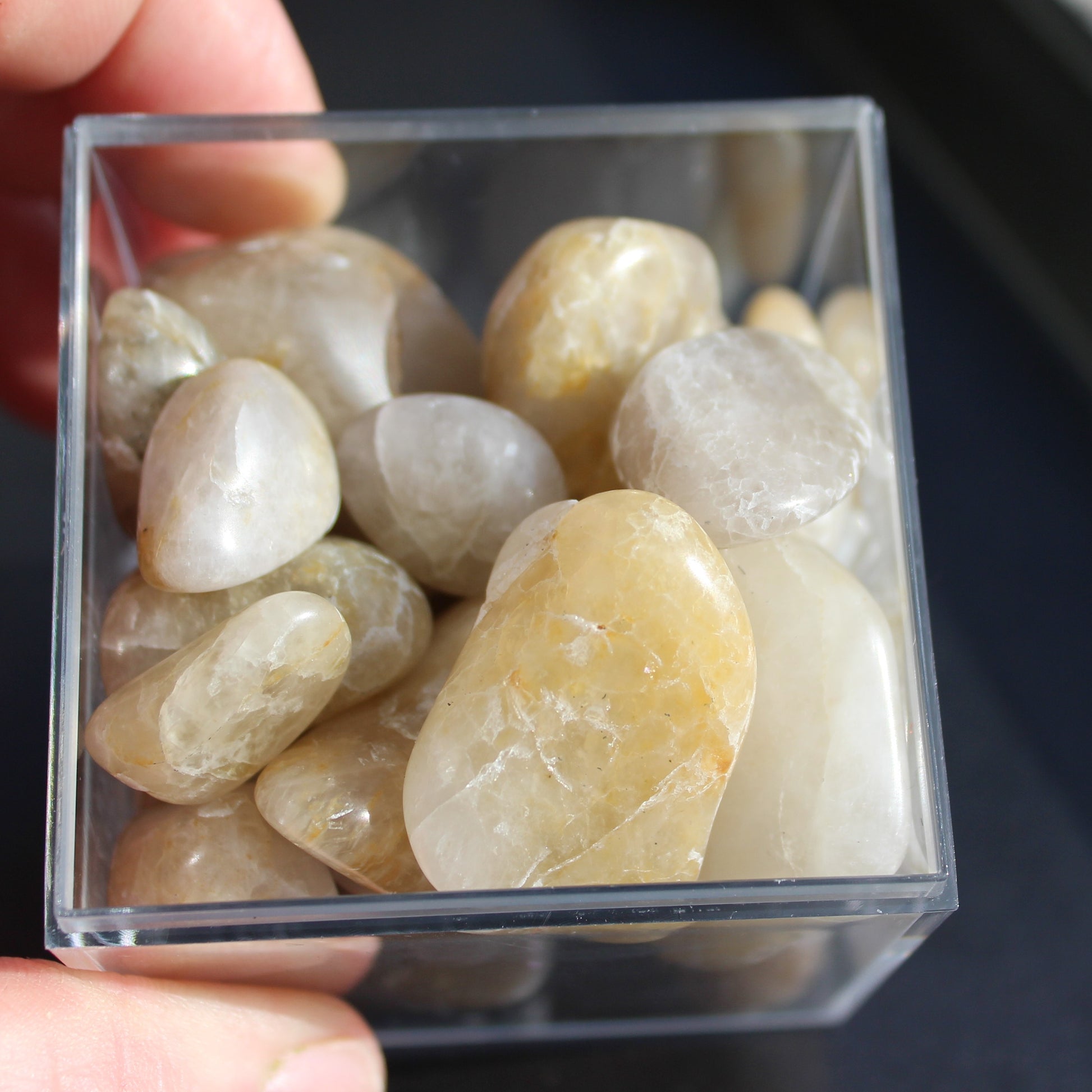 Britannia Creek tumbled Quartz, Citrine & Smoky Quartz, 25 crystals 56mm cube 253g Rocks and Things