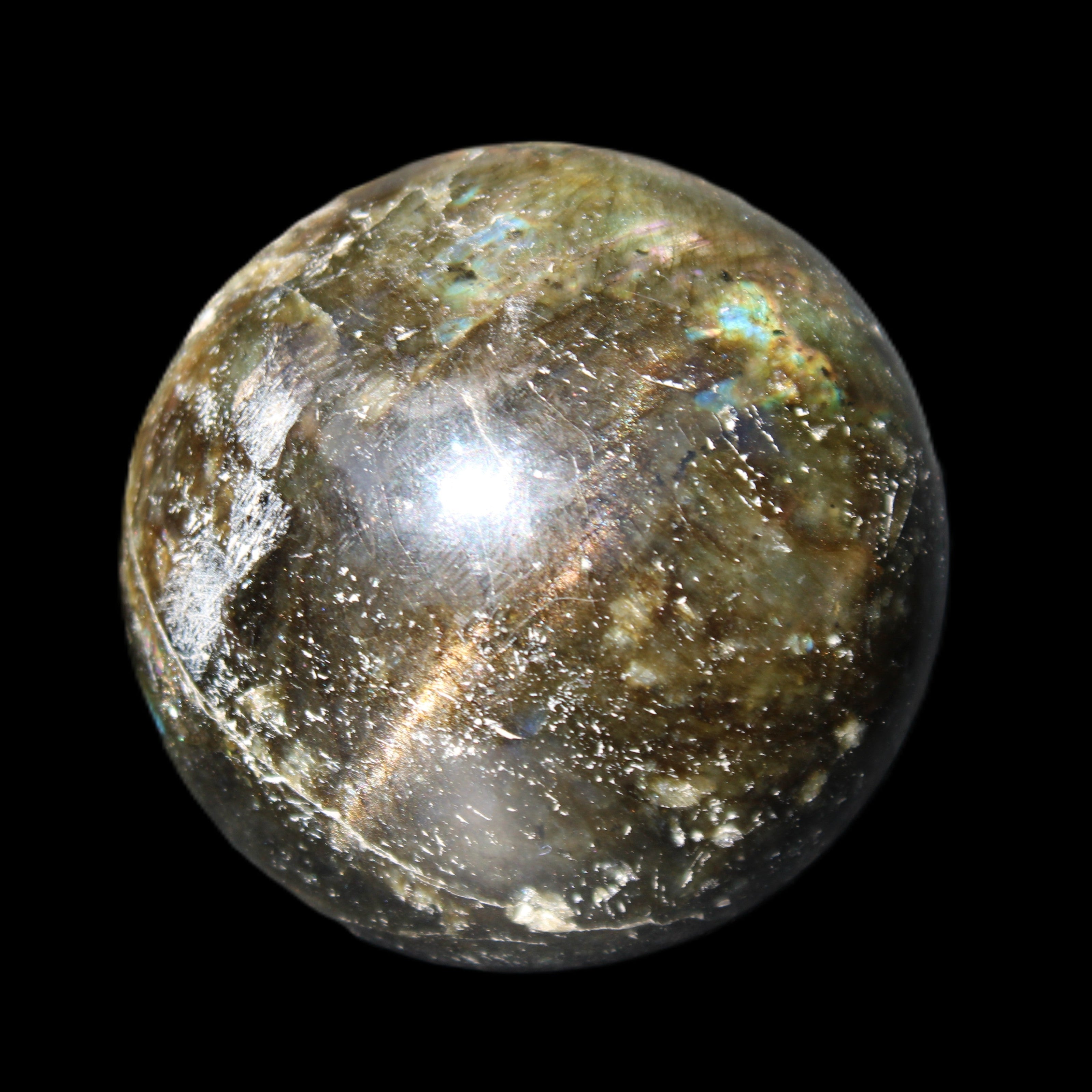Labradorite sphere 61mm 424g in sunlight - Rocks and Things Store