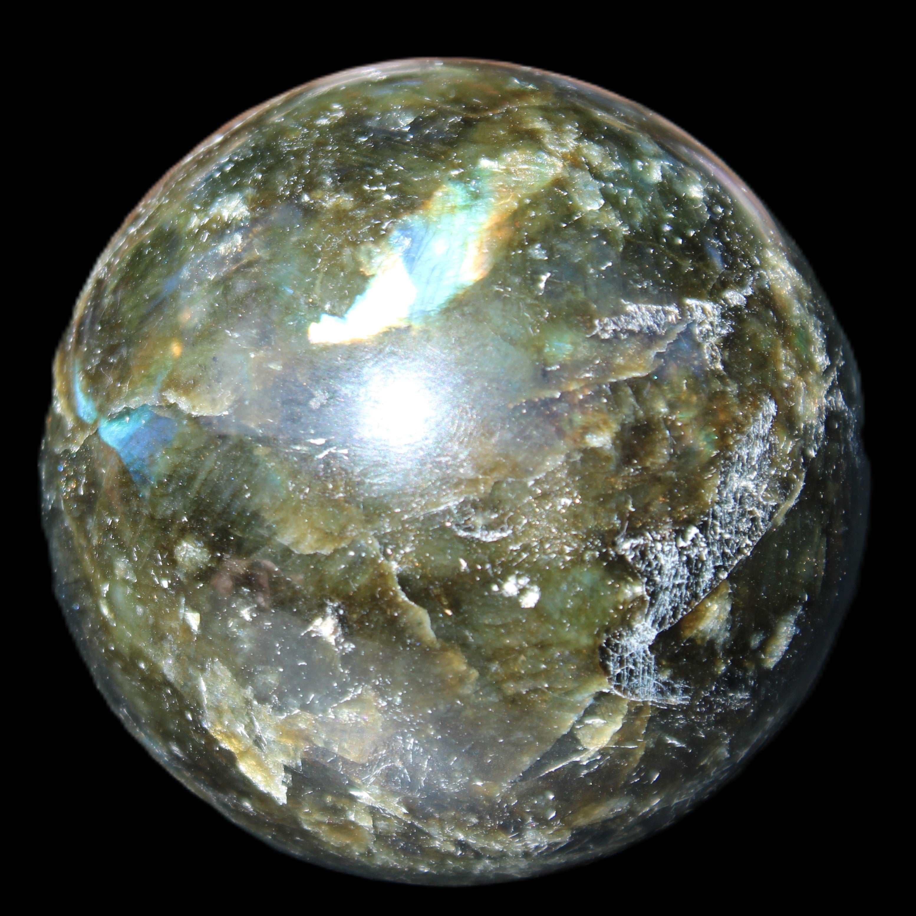 Labradorite sphere 61mm 424g in sunlight - Rocks and Things Store