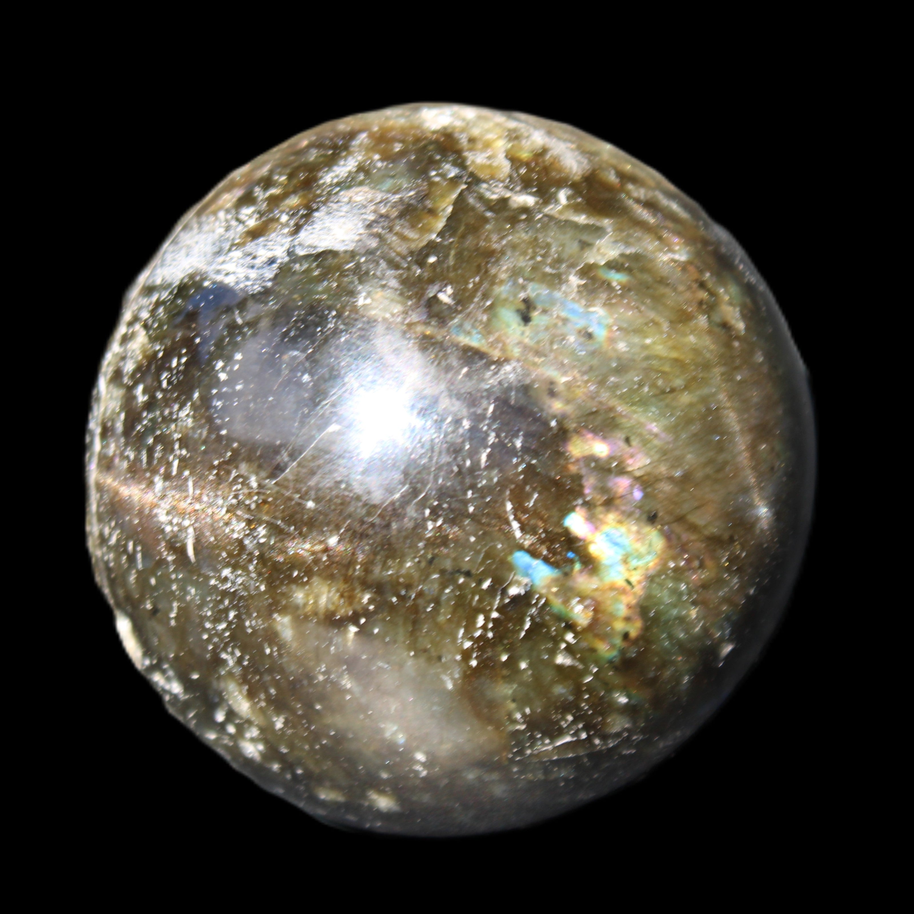 Labradorite sphere 61mm 424g in sunlight - Rocks and Things Store