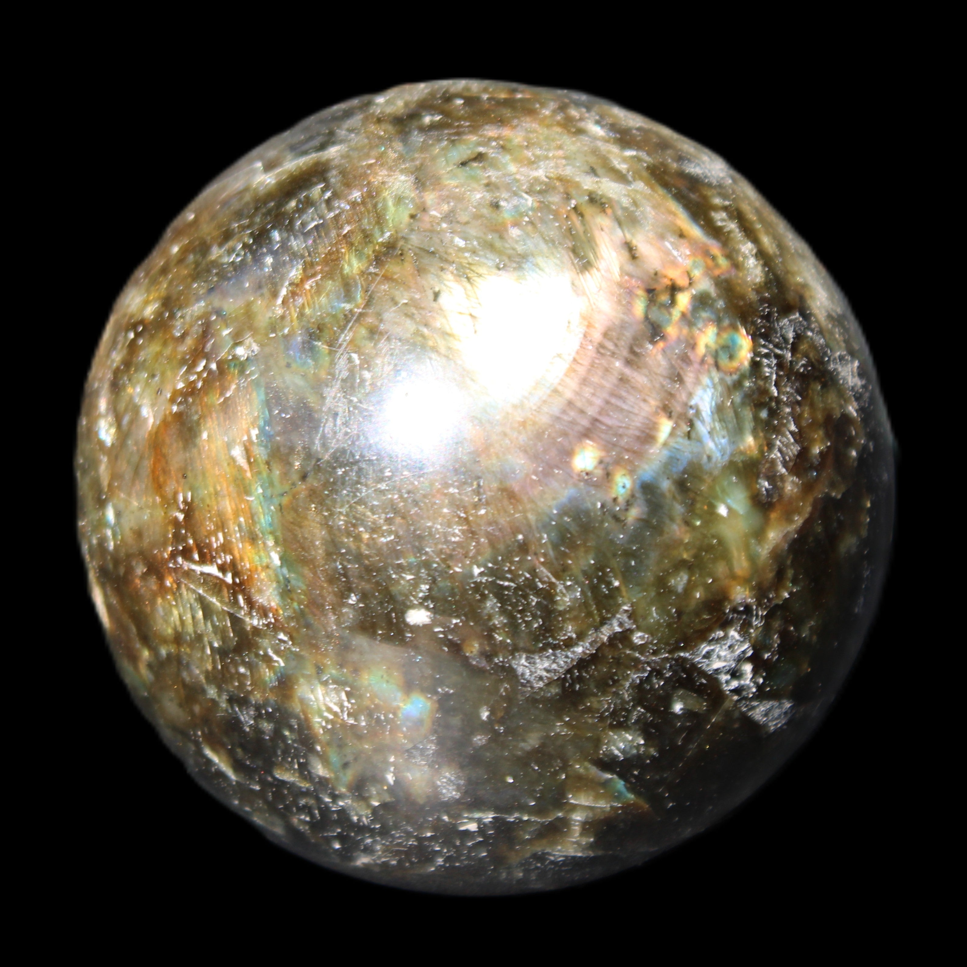 Labradorite sphere 61mm 424g in sunlight - Rocks and Things Store