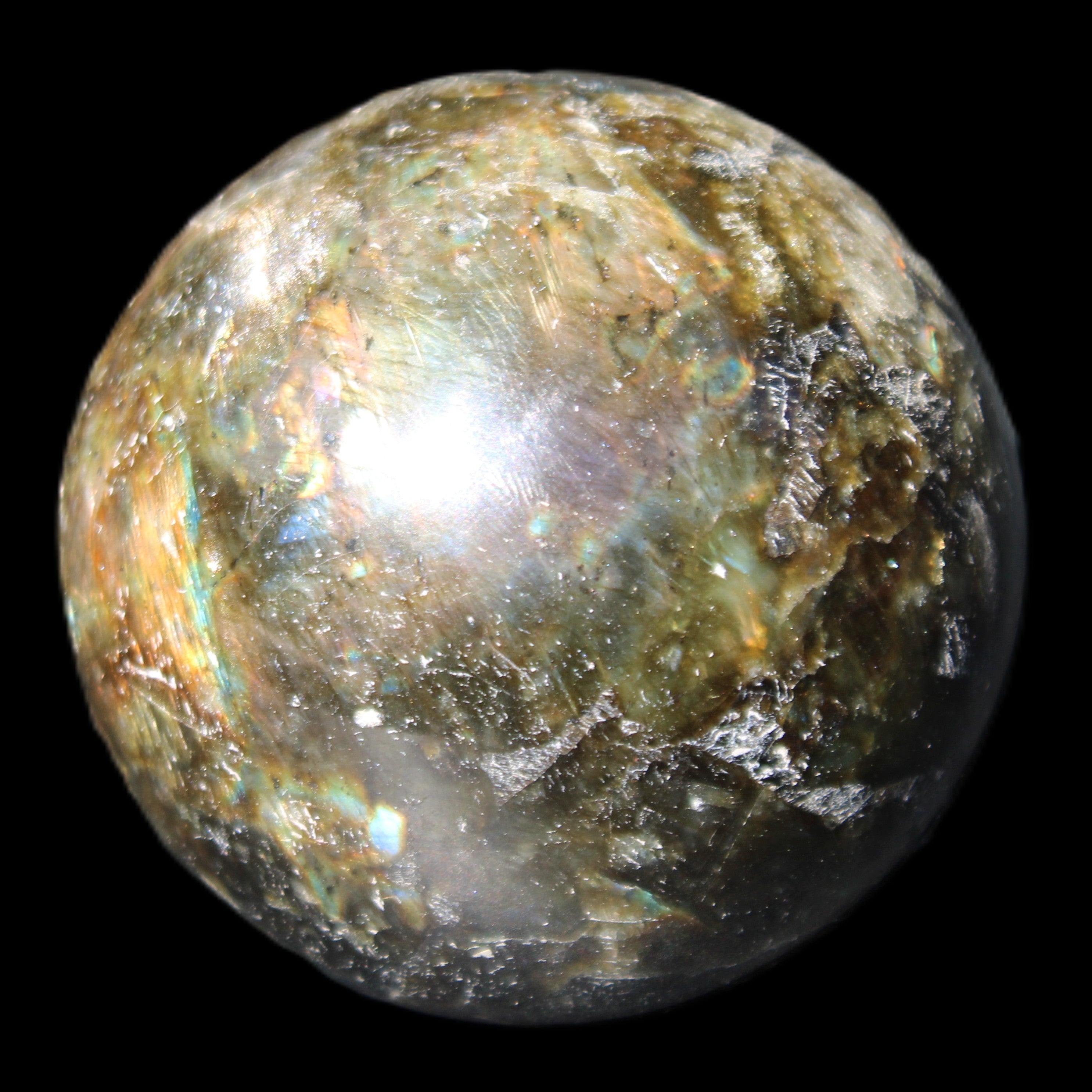 Labradorite sphere 61mm 424g in sunlight - Rocks and Things Store